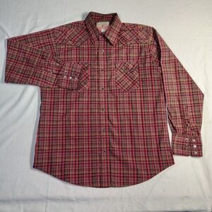 VTG Wrangler Western Shirt XL Red Brown Plaid Diamond Snap Double Yoke Cowboy